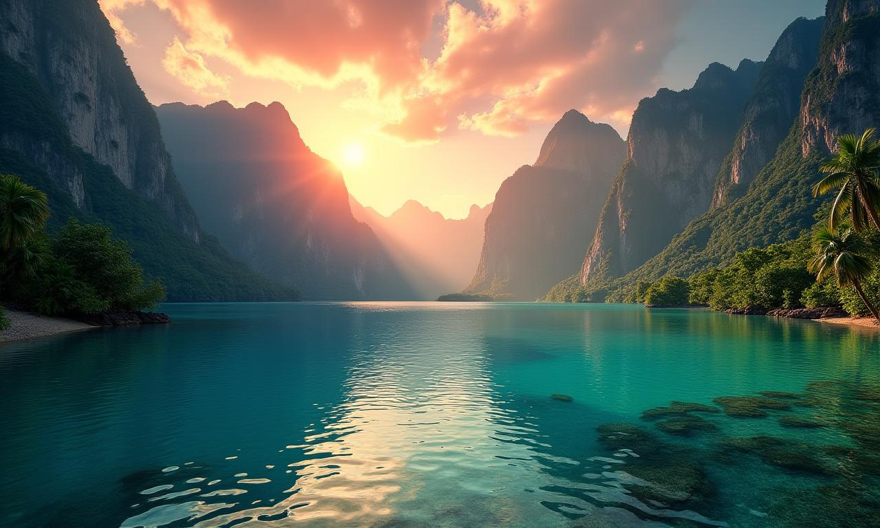 Imagen de un paisaje exótico con montañas y agua turquesa al amanecer