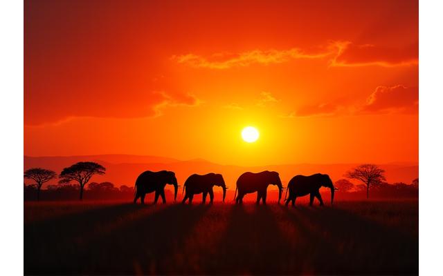 Manada de elefantes cruzando la sabana africana al atardecer