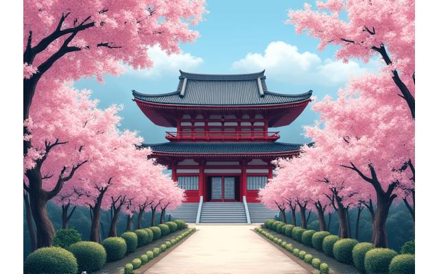 Antiguo templo japonés rodeado de cerezos en flor en Kioto