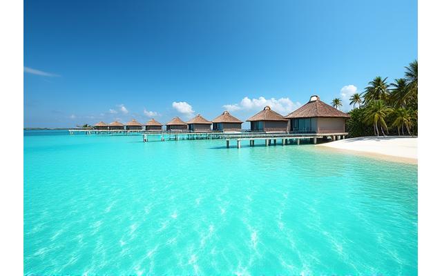 Bungalows sobre el agua en las Maldivas con mar turquesa