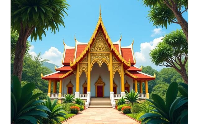 Un templo budista dorado en Tailandia rodeado de vegetación