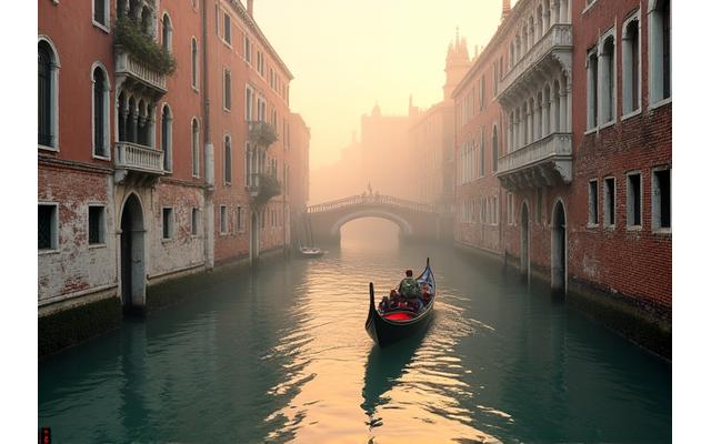 Góndola navegando por un canal de Venecia al amanecer