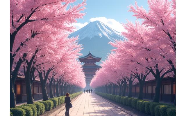 Paseo bajo cerezos en flor en Japón