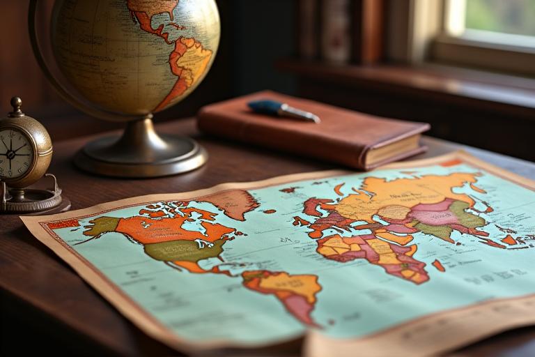 Un globo terráqueo antiguo y un mapa, simbolizando la pasión por los viajes de Viajes Sol Madrid.