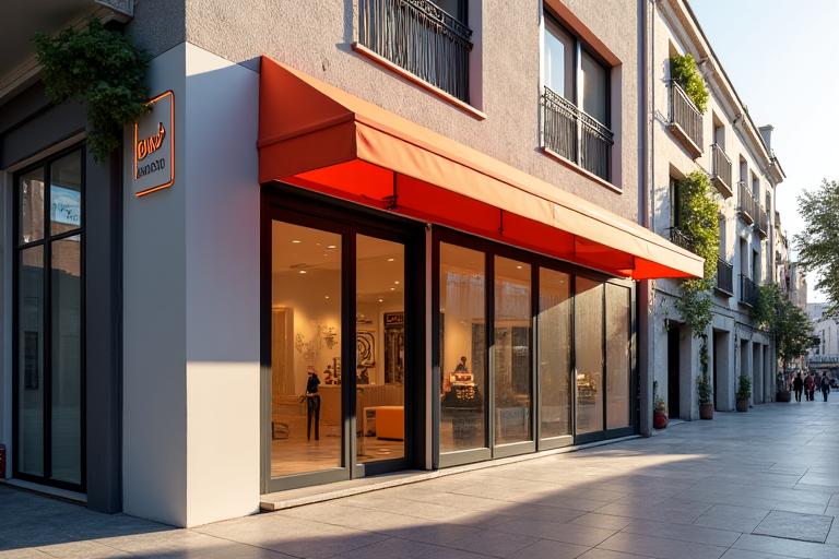 Exterior moderno de la oficina de Viajes Sol Madrid en el centro de la ciudad, con un toldo.